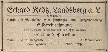 EIne Anzeige für unsere Glaserei – zu finden im Heft zum Landsberger Ruethenfest 1925.